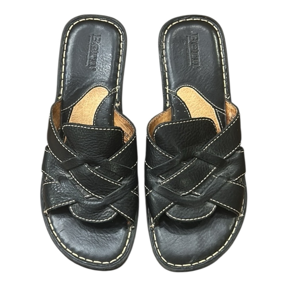 Born Folly Slip On Black Learher Wedge Sandals Size 8 - Picture 4 of 11